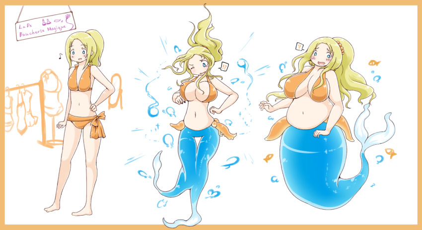 ! 2015 ? big_breasts blonde_hair blue_eyes blush breast_expansion breasts clothing female hair human human_to_humanoid humanoid izumi_(artist) mammal marine merfolk musical_note one_eye_closed open_mouth ponytail sequence slightly_chubby solo store surprise swimwear transformation weight_gain