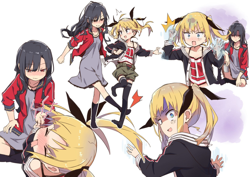 /\/\/\ 2girls against_fourth_wall amaryllis_gumi bare_shoulders black_jacket black_legwear black_ribbon black_shorts blonde_hair blue_eyes blush blush_stickers breasts brown_eyes camisole can cleavage closed_eyes collarbone commentary_request dress green_shorts grey_dress grin hair_ribbon highres holding holding_can jacket kicking knee_up kneehighs kotohara_hinari long_hair long_sleeves multiple_girls no_shoes nose_blush nyakiko-san off_shoulder open_clothes open_jacket open_mouth outline puffy_shorts red_jacket ribbon short_shorts shorts shorts_under_shorts sitting small_breasts smile standing standing_on_one_leg tama_(tama-s) thighhighs turn_pale twintails v-shaped_eyebrows white_background white_camisole white_outline wide-eyed