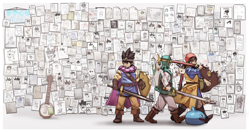 3boys absurdres bandana banjo belt black_hair boots brown_hair cape circlet dragon_quest dragon_quest_iii dragon_quest_iv dragon_quest_viii green_hair grey_background hero_(dq4) hero_(dq8) highres instrument letter male_focus multiple_boys nin_nakajima pants paper red_headwear roto shield simple_background slime_(dragon_quest) sticky_note super_smash_bros. sword tunic walking weapon yellow_pants