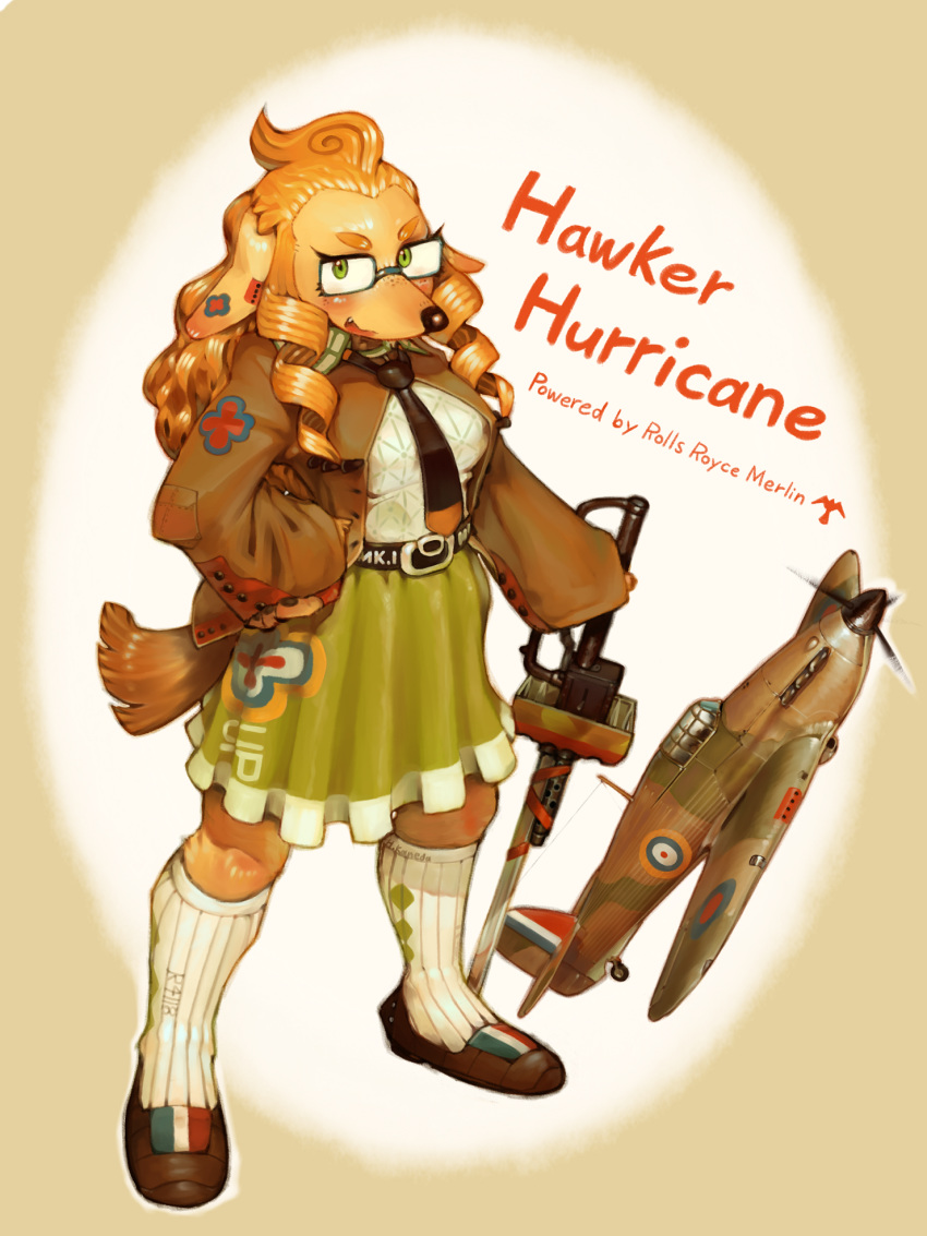 2018 aircraft anthro belt bottomwear breasts canid canine canis clothed clothing cute_fangs domestic_dog eyewear female fluffy fluffy_tail footwear fur glasses green_eyes hair hand_on_hip hawker_hurricane hi_res hideki_kaneda holding_object holding_weapon hurricane long_hair mammal melee_weapon necktie open_mouth skirt solo sword weapon