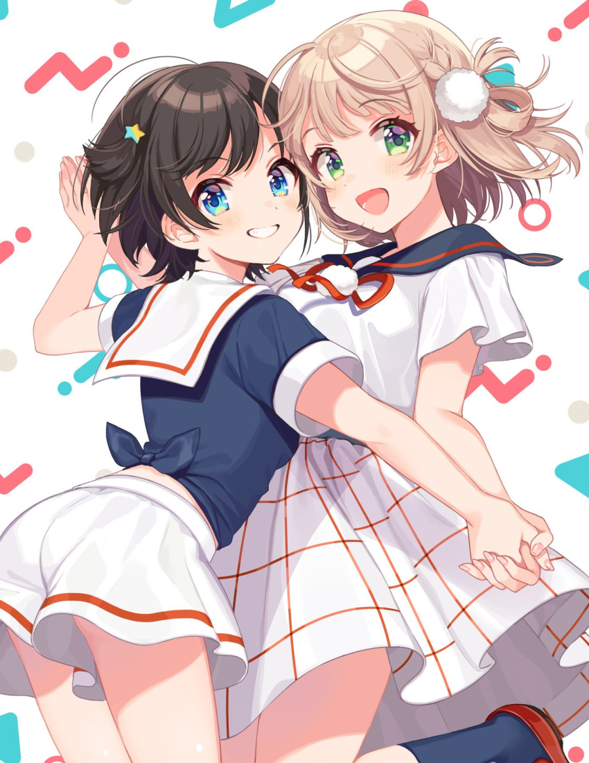 2girls black_hair blue_eyes blue_shirt blush braid breasts cowboy_shot from_behind green_eyes hair_ornament highres holding_hands hololive interlocked_fingers light_brown_hair looking_at_viewer medium_breasts multiple_girls nail_polish oozora_subaru open_mouth pink_nails pom_pom_(clothes) sailor_collar shigure_ui shigure_ui_(channel) shigure_ui_(vtuber) shirt short_hair short_sleeves skirt smile standing standing_on_one_leg star star_hair_ornament symbol_commentary virtual_youtuber white_shirt white_skirt