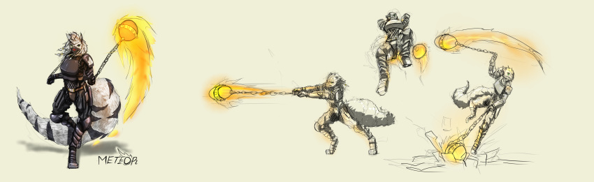 2019 absurd_res action_pose anthro arks_sadinian armor attack chainmail dual_wielding fantasy_weapon female ferax fire flaming_weapon fluffy fluffy_tail green_eyes hi_res holding_object holding_weapon hyaenid jumping magic_weapon mammal meteor_hammer official_art pose saorsa sarosa standing stripes weapon