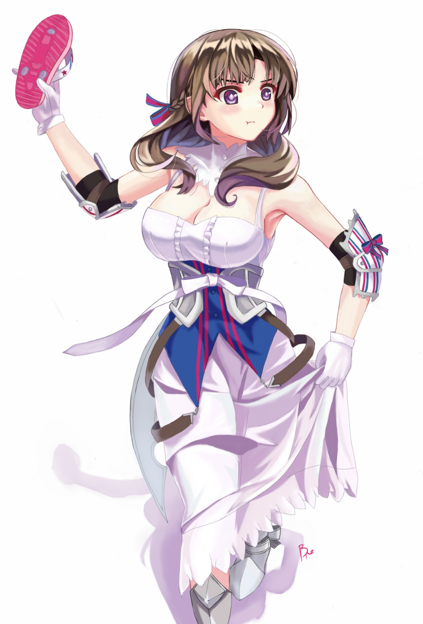 1girl absurdres angry blush boots breasts brown_hair brz closed_mouth dress gloves highres large_breasts long_hair oosuki_mamako plate_armor purple_eyes ribbon simple_background solo tsuujou_kougeki_ga_zentai_kougeki_de_ni-kai_kougeki_no_okaasan_wa_suki_desu_ka? white_dress white_gloves