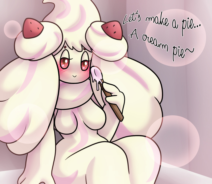 2019 alcremie anthro blush breasts cutlery digital_media_(artwork) english_text featureless_breasts female food food_creature food_humanoid fruit goo_creature goo_humanoid holding_object holding_spoon humanoid innuendo kitchen_utensils looking_at_viewer nintendo not_furry nude plant pok&eacute;mon pok&eacute;mon_(species) pok&eacute;morph red_eyes smile spoon strawberry text tools video_games yoshimister