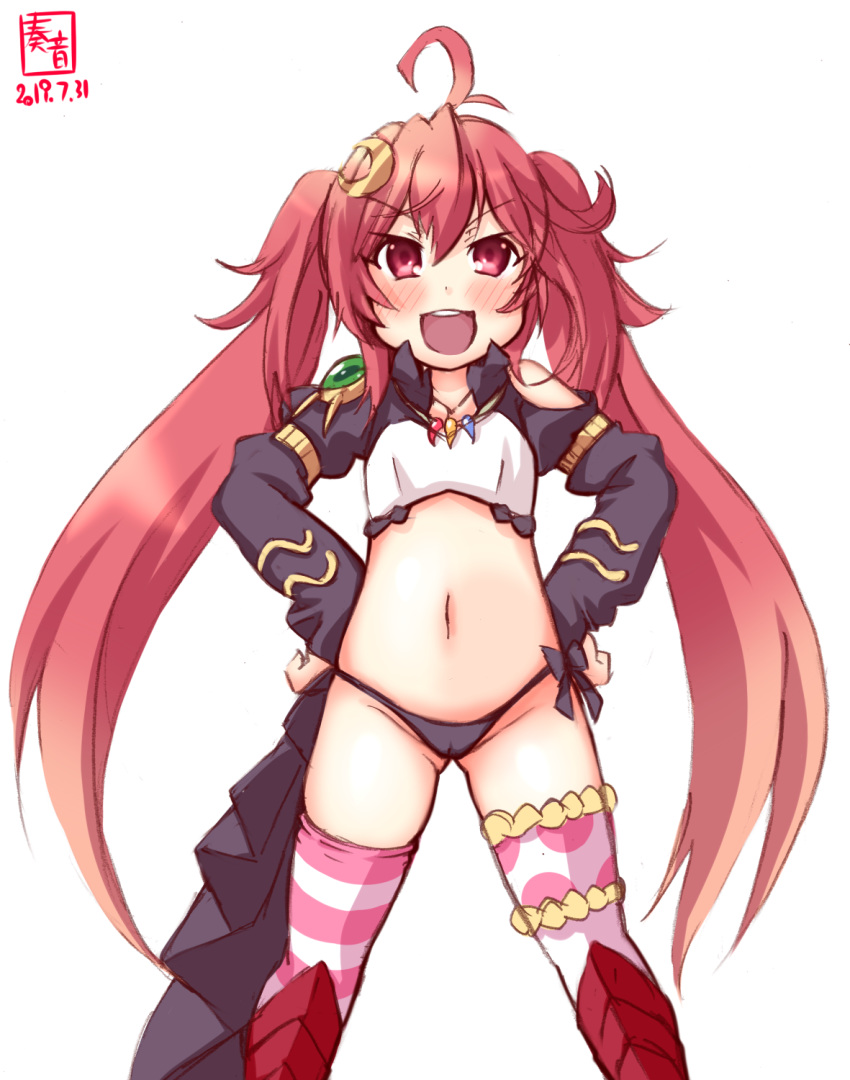 1girl alternate_costume artist_logo ass_visible_through_thighs asymmetrical_legwear black_panties commentary_request cosplay covered_navel crescent crescent_hair_ornament crop_top dated feet_out_of_frame flat_chest hair_ornament hands_on_hips highres kanon_(kurogane_knights) kantai_collection long_hair long_sleeves look-alike milim_nava milim_nava_(cosplay) open_mouth panties pink_eyes pink_hair polka_dot polka_dot_legwear round_teeth side_ponytail simple_background smile solo striped striped_legwear teeth tensei_shitara_slime_datta_ken thighhighs twintails underwear upper_teeth uzuki_(kantai_collection) white_background