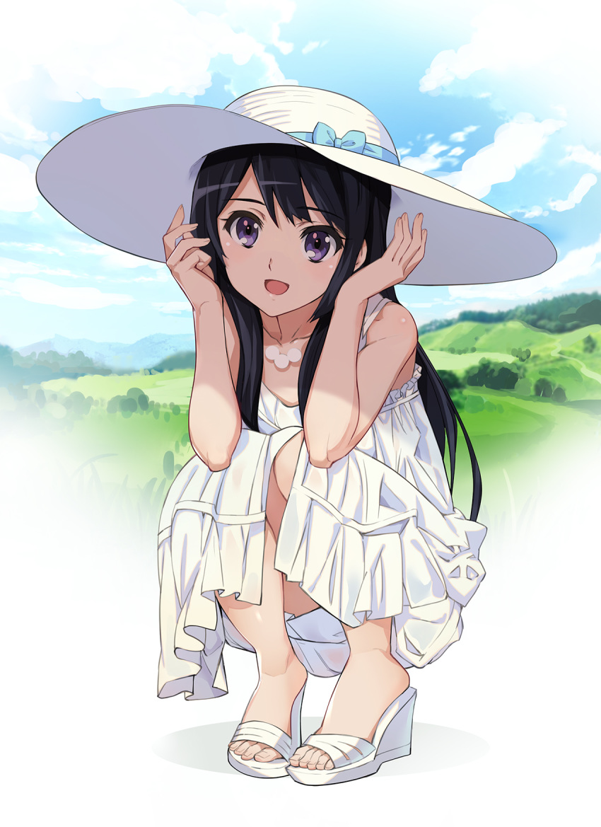 1girl :d bangs bare_shoulders black_hair blue_sky cloud dress hat hibike!_euphonium high_heels highres hill kousaka_reina long_hair looking_at_viewer nyoro_(nyoronyoro000) open_mouth purple_eyes sandals sky sleeveless sleeveless_dress smile solo squatting sun_hat sundress white_dress