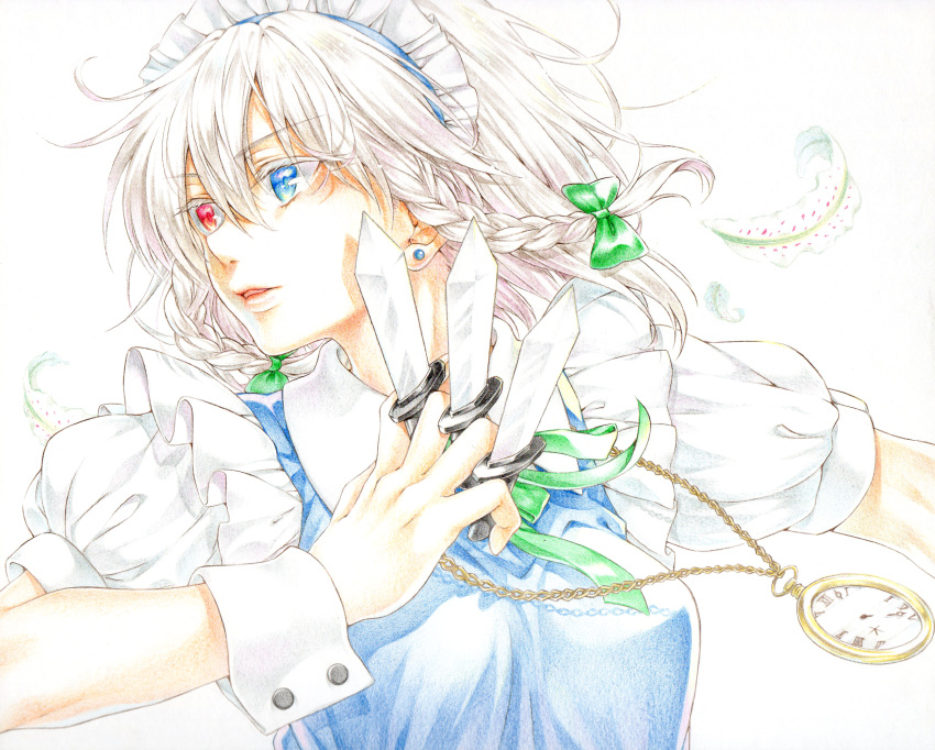 1girl blue_dress blue_eyes bow braid colored_pencil_(medium) commentary dress earrings green_bow hair_bow heterochromia highres izayoi_sakuya jewelry knife maid maid_headdress medium_hair neck_ribbon nora_wanko pocket_watch puffy_short_sleeves puffy_sleeves red_eyes ribbon short_hair short_sleeves silver_hair solo touhou traditional_media twin_braids upper_body watch white_background wrist_cuffs