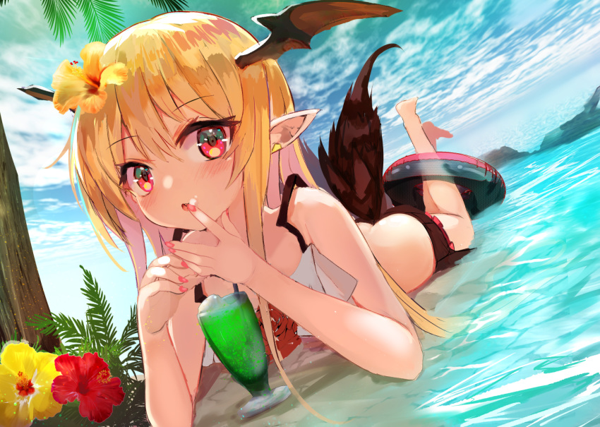 1girl ass bangs bare_arms bare_legs bare_shoulders barefoot bat_wings bikini bikini_skirt blonde_hair blue_sky brown_wings cloud cloudy_sky commentary_request cup day drink drinking_glass drinking_straw dutch_angle eyebrows_visible_through_hair fang fingernails flower granblue_fantasy hair_between_eyes hair_flower hair_ornament hands_up head_wings hibiscus horizon innertube legs_up long_hair looking_at_viewer lying marisayaka mismatched_bikini nail_polish ocean on_stomach outdoors palm_tree parted_lips pointy_ears red_eyes red_flower red_nails red_rose rose shallow_water shingeki_no_bahamut sky solo summer swimsuit transparent tree vampy water white_bikini_top wings yellow_flower