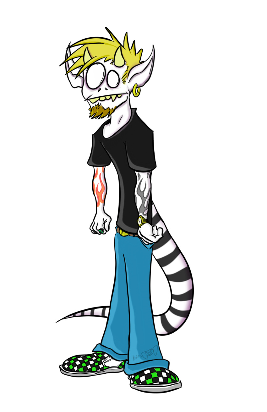 2019 3_fingers blonde_hair clock clothed clothing demon digital_drawing_(artwork) digital_media_(artwork) ear_piercing facial_hair fangs fingers footwear front_view ghoul hair hi_res horn humanoid jewelry krolik long_tail male markings not_furry piercing portrait pose ring shoes signature solo solo_focus standing stripes tattoo teeth toony undead watch