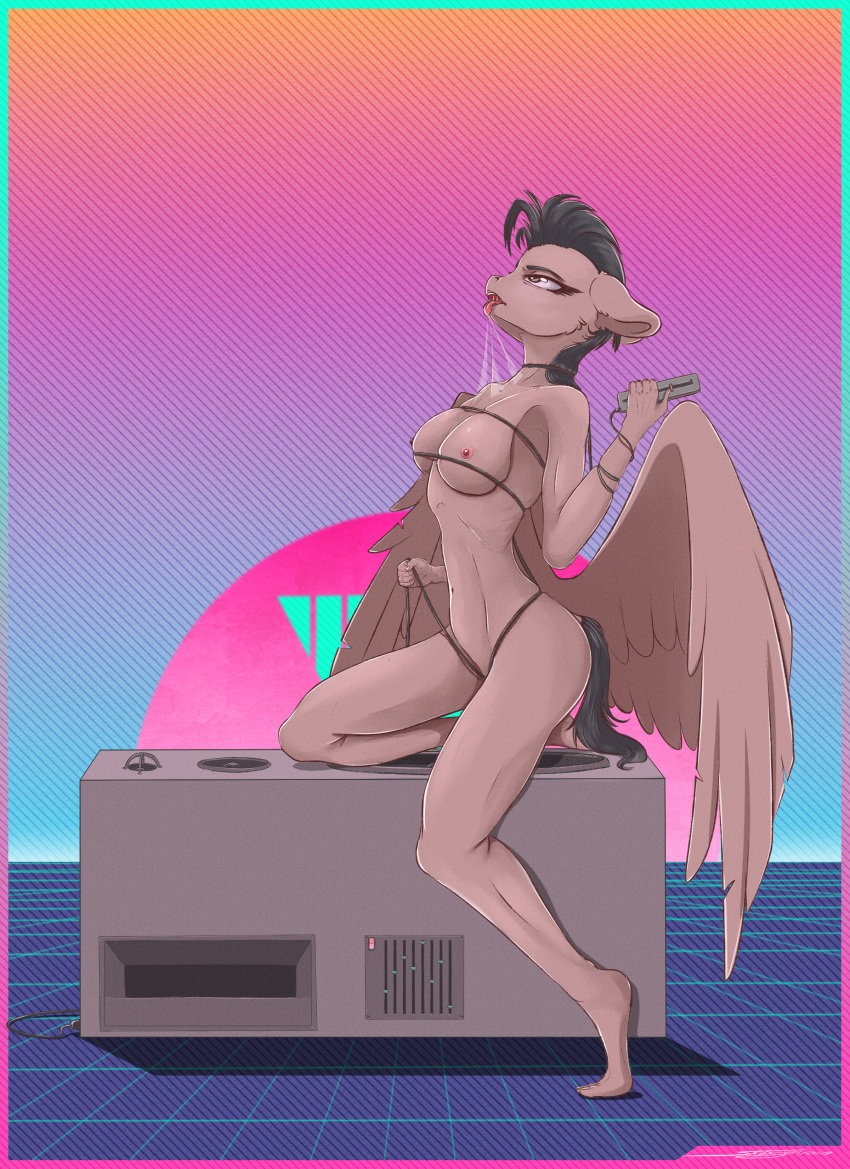 absurd_res anthro bodily_fluids breasts cord drool_string drooling equid equine fan_character female hi_res improvised_sex_toy looking_pleasured mammal masturbation my_little_pony nipples nude open_mouth plantigrade pterippus saliva skitsniga solo speaker synthwave tongue tongue_out wings