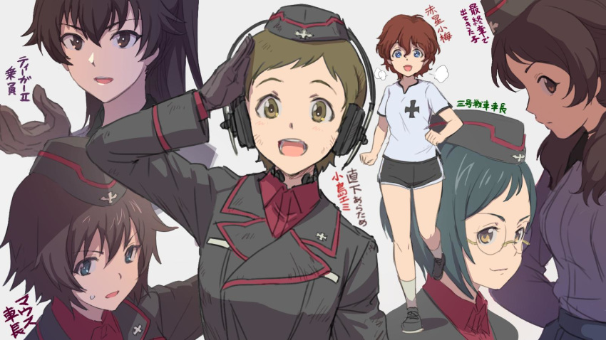 6+girls :d akaboshi_koume bangs black_gloves black_hair black_headwear black_jacket black_shorts blue_eyes breath brown_eyes brown_hair closed_mouth commentary cropped_torso dirty_face dress_shirt emblem extra eyebrows_visible_through_hair frown garrison_cap girls_und_panzer glasses gloves grey_background grey_shirt gym_shirt gym_shorts gym_uniform hat headphones highres insignia iron_cross jacket kojima_emi kuromorimine_military_uniform kuromorimine_school_uniform long_hair long_sleeves looking_at_viewer mauko_(girls_und_panzer) military military_hat military_uniform multiple_girls open_mouth red_shirt rimless_eyewear running salute sangou_(girls_und_panzer) school_uniform shinmai_(kyata) shirt shoes short_hair short_sleeves shorts simple_background smile smirk socks standing sweatdrop swept_bangs translated uniform very_short_hair wavy_hair wing_collar