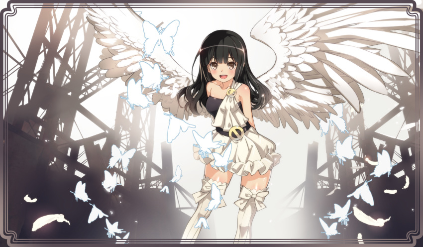 1girl :d angel angel_wings animal_print arms_behind_back belt black_hair butterfly_print collarbone feathered_wings leaning_forward long_hair looking_at_viewer nyoro_(nyoronyoro000) open_mouth original silver_eyes smile solo thighhighs white_legwear white_wings wings zettai_ryouiki