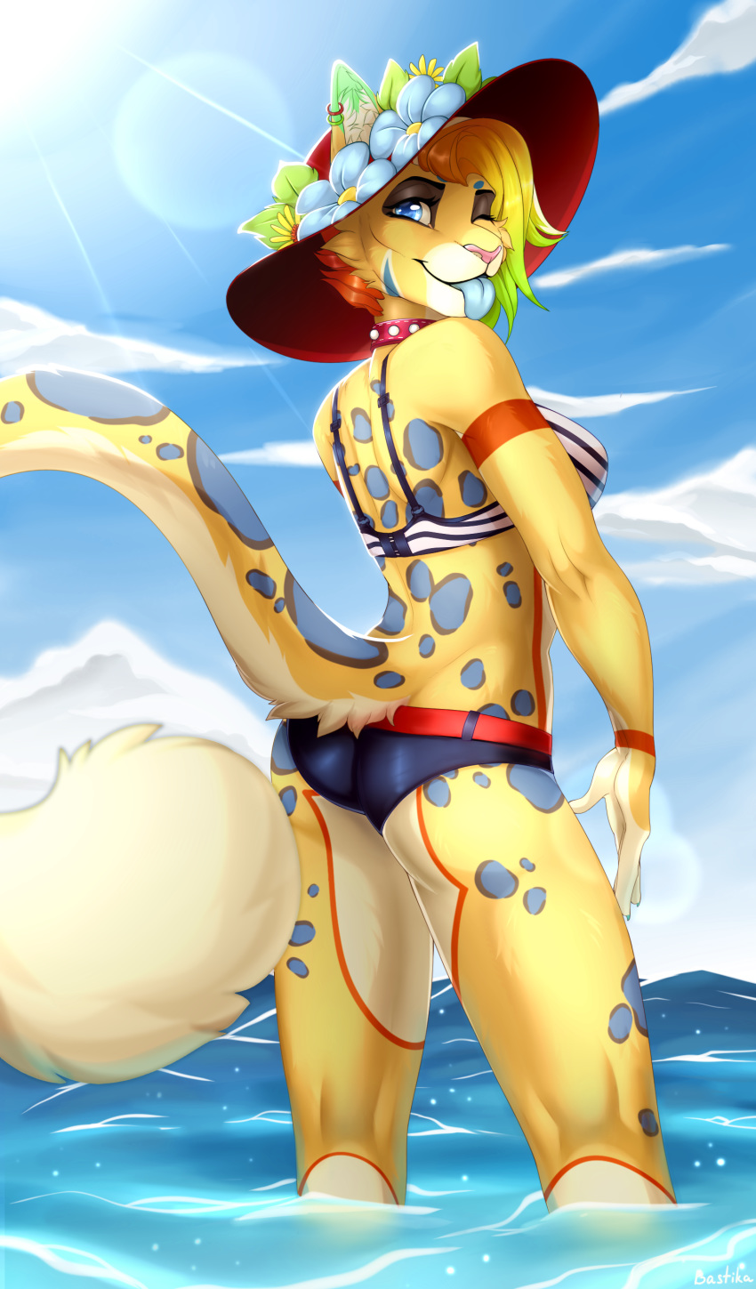 2019 anthro bastika blue_tongue clothed clothing day detailed_background digital_media_(artwork) felid feline female fur leopardus mammal ocelot outside partially_submerged pink_nose sky smile solo spots spotted_fur tongue yellow_fur