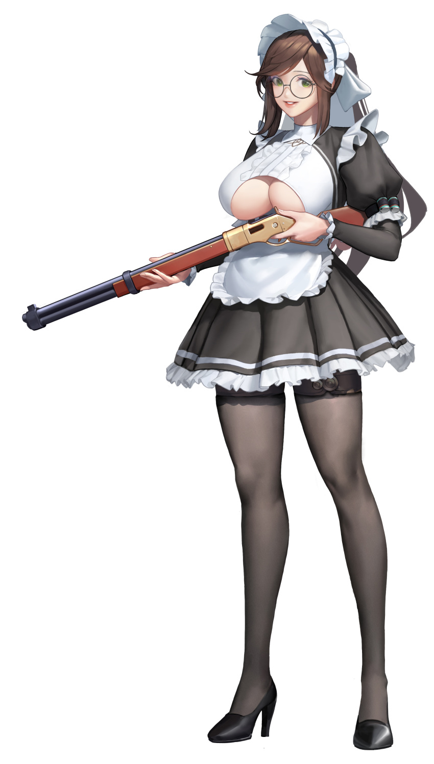 1girl absurdres acid_g apron bangs breast_cutout breasts brown_hair cleavage cleavage_cutout constantia_s2 dress frilled_dress frilled_sleeves frills full_body glasses green_eyes grin gun hair_ribbon high_heels highres holding holding_gun holding_weapon large_breasts last_origin lips lipstick long_hair long_sleeves looking_at_viewer maid maid_apron maid_dress maid_headdress makeup pantyhose parted_lips ponytail puffy_long_sleeves puffy_sleeves ribbon rifle short_dress sidelocks simple_background smile solo standing swept_bangs thigh_strap weapon white_background