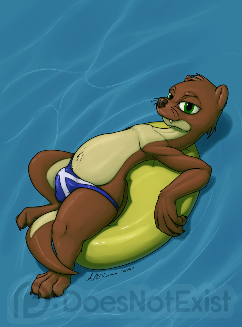 2019 4_toes anthro bedroom_eyes brown_fur bryce_daeless bulge clothed clothing countershading digital_media_(artwork) fur green_eyes half-closed_eyes hi_res inflatable looking_at_viewer lutrine lying male mammal membrane_(anatomy) mustelid river_otter saltire scotland scottish_flag seductive solo speedo swimwear tan_fur theandymac toes topless water watermark webbed_hands whiskers