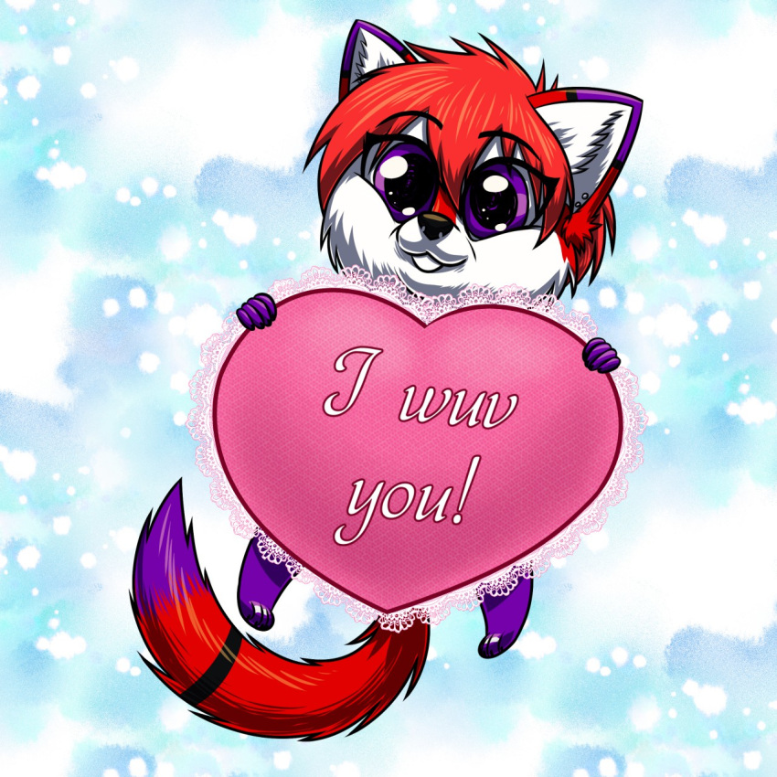 &lt;3 1:1 2019 ambiguous_gender anthro big_eyes biped black_nose blue_background canid canine chibi dipstick_ears dipstick_tail ear_piercing english_text eye_through_hair eyebrow_through_hair eyebrows fox fur fur_markings hair hi_res holding_object holidays inner_ear_fluff looking_at_viewer mammal markings maxxy_(maxxy_fur) multicolored_ears multicolored_fur multicolored_tail piercing purple_eyes purple_fur red_fox red_fur red_hair short_hair simple_background smile solo text translucent translucent_hair udavka valentine's_day white_fur