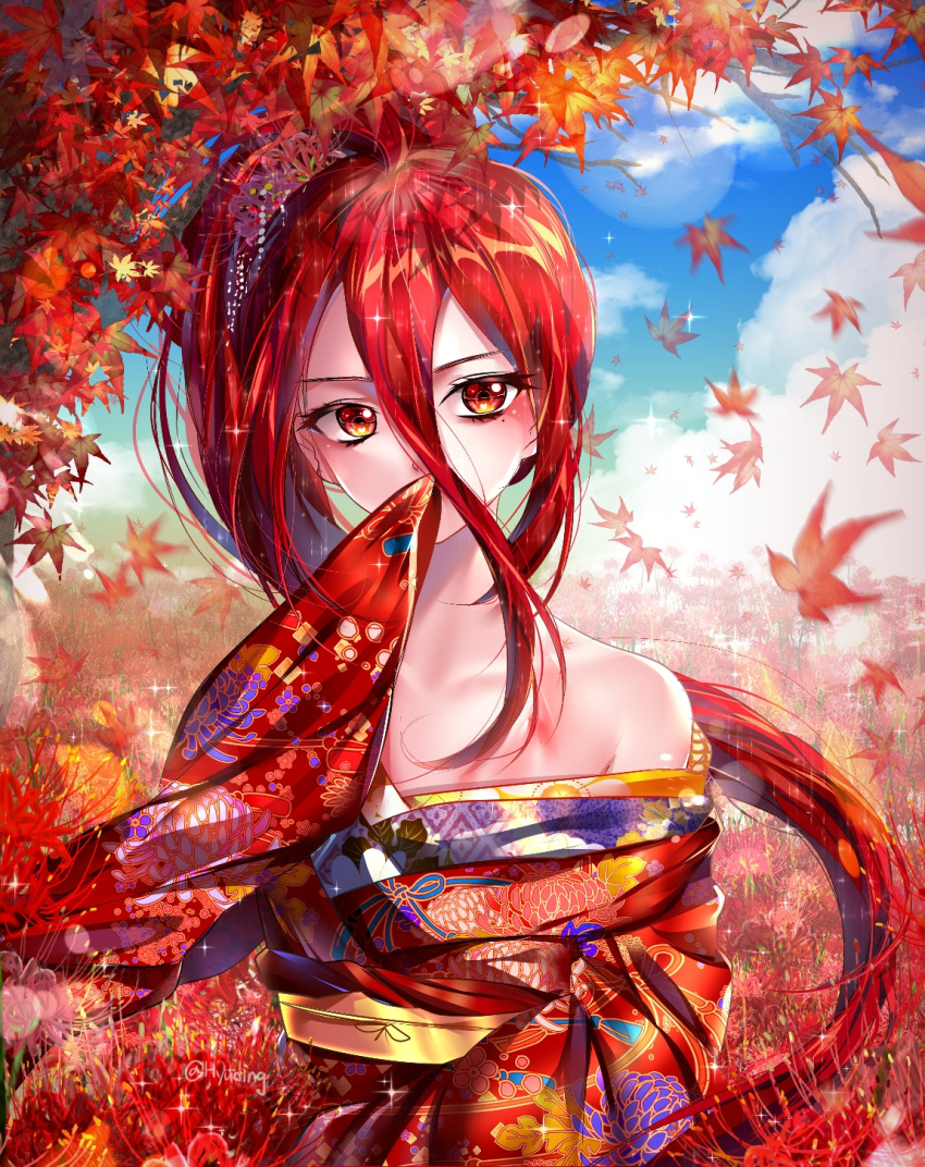 1other blue_sky blush cloud covering_mouth day floating_hair floral_print hair_between_eyes hhgy0925 highres houseki_no_kuni japanese_clothes kimono leaf long_hair looking_at_viewer maple_leaf mole mole_under_eye off_shoulder outdoors print_kimono red_eyes red_hair red_kimono shinsha_(houseki_no_kuni) shiny shiny_hair side_ponytail sky solo upper_body