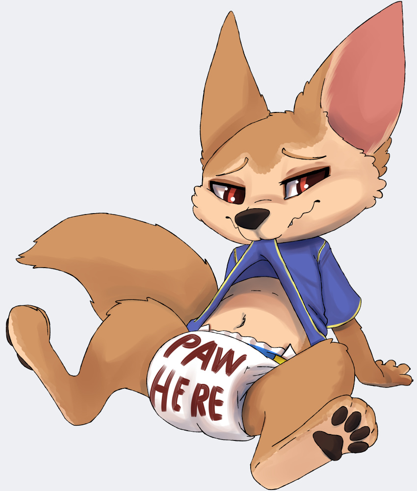 absurd_res anthro big_ears canid canine clothed clothing clothing_lift diaper disney embarrassed fennec finnick fox hi_res kuuneho male mammal navel pawpads shirt shirt_lift sitting solo teeth topwear writing_(disambiguation) zootopia