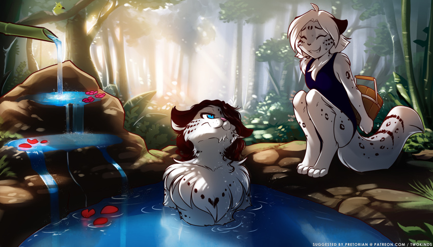 2019 7:4 adira_(twokinds) annoyed anthro arm_tuft barefoot bathing big_breasts blue_eyes bodily_fluids breasts bucket casual_nudity cheek_tuft chest_tuft clothed clothed/nude clothed_female_nude_female clothing crouching cub daughter detailed_background digitigrade duo elbow_tufts eyebrows eyelashes eyes_closed featureless_breasts felid female fluffy fluffy_tail forest frown fur glistening glistening_eyes glistening_fur glowing glowing_eyes grey_fur grin hair hair_over_eye hands_behind_back hi_res holding_object hot_spring keidran leg_tuft long_tail looking_aside looking_at_another maeve_(twokinds) mammal mother mother_and_daughter multicolored_fur multicolored_tail naturally_censored navel nervous nude open_mouth open_smile outside pantherine parent partially_submerged paws pivoted_ears shoulder_tuft sitting slim smile snout snow_leopard spots spotted_fur spotted_tail sweat swimwear tom_fischbach tree tuft twokinds unamused url water webcomic wet wet_fur wet_hair white_fur young