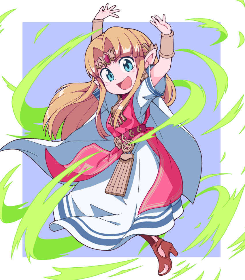 1girl :d arms_up belt blonde_hair blue_eyes blush_stickers bracer brown_footwear cape commentary_request dress earrings eyebrows_visible_through_hair floating_hair full_body gem hair_intakes high_heels highres jewelry long_hair looking_at_viewer nazonazo_(nazonazot) open_mouth pink_belt pointy_ears princess_zelda purple_background shiny shiny_hair short_sleeves sidelocks smile solo tabard the_legend_of_zelda the_legend_of_zelda:_a_link_between_worlds tiara triforce white_cape white_dress wind