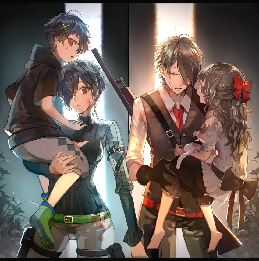 2boys 2girls animal ayatoki-1 bangs barefoot belt belt_buckle black_gloves black_hair black_hoodie blood blood_on_face bloody_clothes bow breasts brown_hair buckle cat child closed_mouth facing_viewer gloves green_belt gun hair_ornament hair_over_one_eye hair_ribbon highres holding holding_another holding_clothes hood hood_down hoodie long_hair long_sleeves looking_at_another looking_at_viewer looking_down multiple_boys multiple_girls necktie open_mouth original pants parted_lips puffy_short_sleeves puffy_sleeves red_belt red_bow red_neckwear ribbon rifle shirt shoes short_hair short_sleeves shorts sidelocks smile sneakers standing thigh_strap turtleneck vest waistcoat weapon weapon_on_back white_shirt