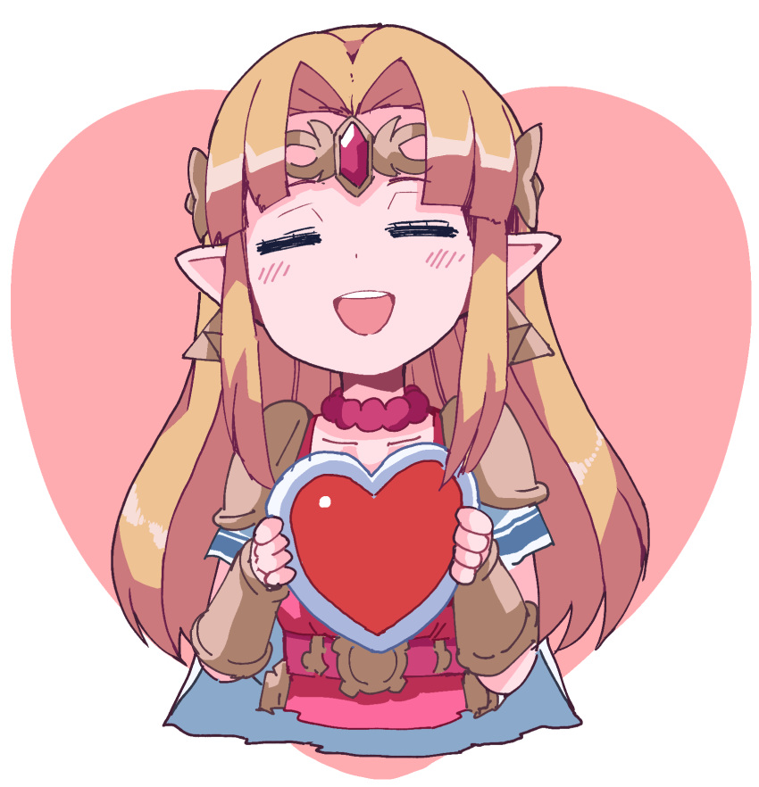 1girl belt blonde_hair blush_stickers box bracer cape closed_eyes cropped_torso earrings facing_viewer gem gift gift_box hair_intakes heart heart-shaped_box highres holding holding_gift jewelry long_hair nazonazo_(nazonazot) necklace open_mouth pink_belt pointy_ears princess_zelda round_teeth shiny shiny_hair short_sleeves shoulder_armor sidelocks solo spaulders super_smash_bros. tabard teeth the_legend_of_zelda the_legend_of_zelda:_a_link_between_worlds tiara triforce valentine white_cape