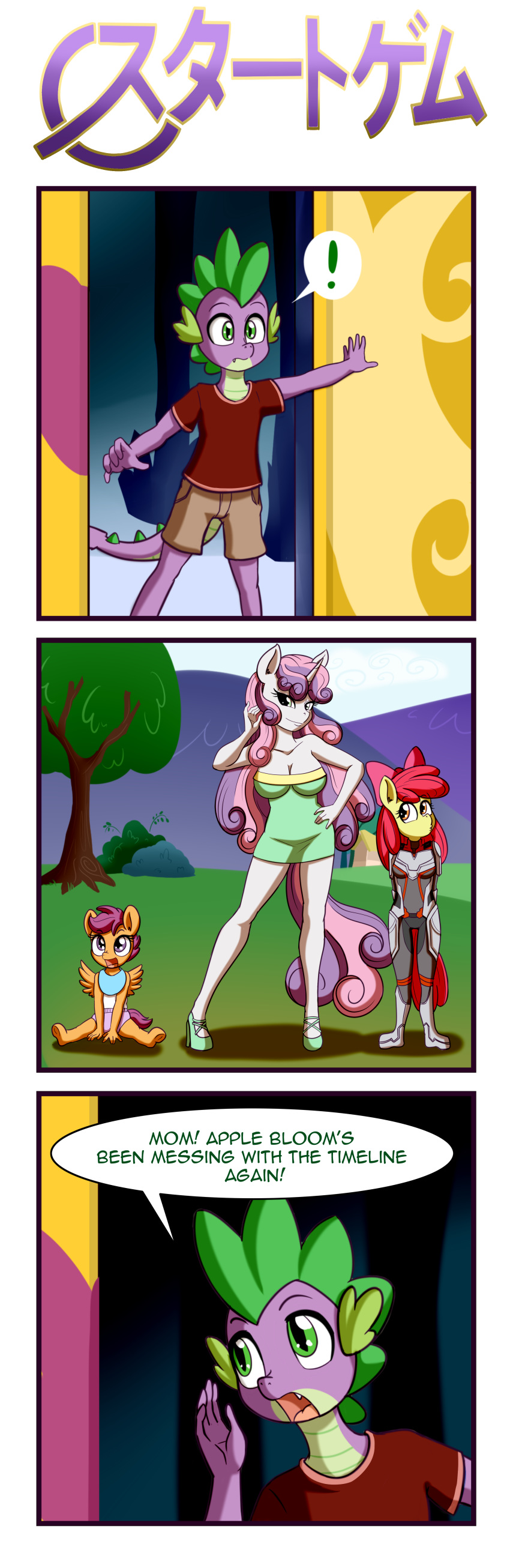 2019 absurd_res aged_up anibaruthecat apple_bloom_(mlp) clothed clothing cutie_mark_crusaders_(mlp) dialogue dragon english_text female friendship_is_magic green_eyes hi_res my_little_pony scalie scootaloo_(mlp) spike_(mlp) sweetie_belle_(mlp) text young