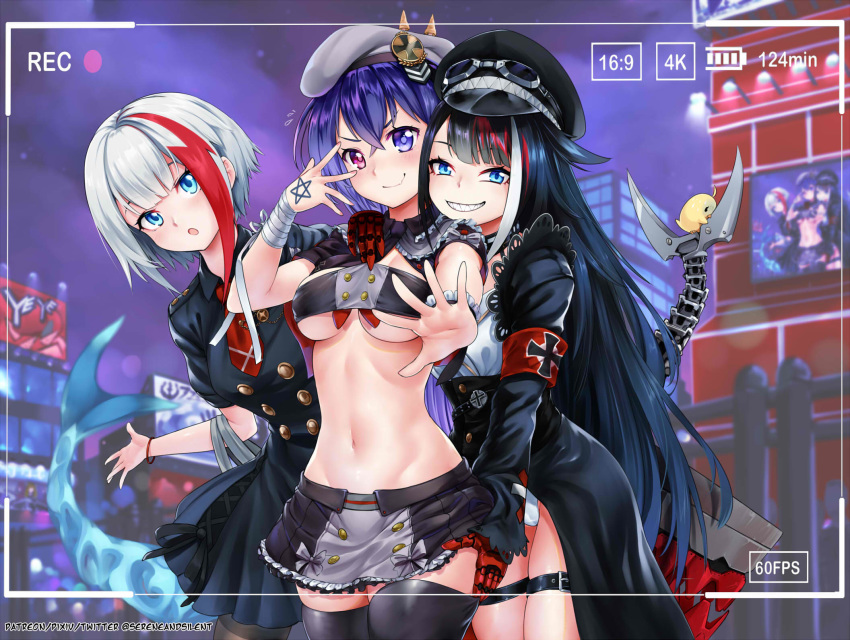 3girls admiral_graf_spee_(azur_lane) admiral_graf_spee_(maiden's_sunday)_(azur_lane) armband azur_lane bandaged_arm bandages beret black_dress black_hair black_jacket blue_eyes bracelet breasts closed_mouth commentary deutschland_(azur_lane) double-breasted dress english_commentary fang goggles goggles_on_headwear groping hand_on_another's_ass hat heterochromia highres iron_cross jacket jewelry leotard_under_clothes lifted_by_another long_sleeves looking_at_viewer mechanical_hands medium_breasts midriff miniskirt multicolored_hair multiple_girls navel open_mouth purple_eyes sereneandsilent sharp_teeth short_hair short_sleeves skin_fang skirt skirt_lift smile stage streaked_hair teeth underboob viewfinder white_hair z36_(azur_lane)