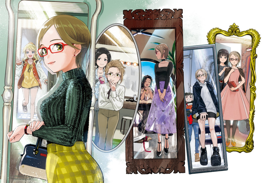 aikawa_chinatsu bag dress earrings fashion glasses highres idolmaster idolmaster_cinderella_girls jacket jewelry kirino_aya kurokawa_chiaki luncheon_meat_umai mirror multiple_girls ohtsuki_yui shorts sweater takahashi_reiko tougou_ai