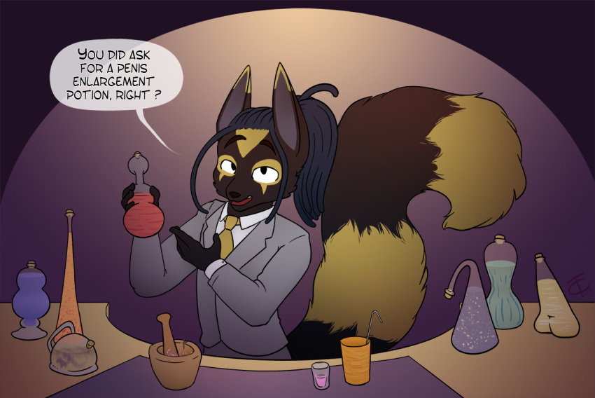 anthro bar canid canine canis fur hair jackal looking_at_viewer male mammal potions smile solo speech_bubble tagme triplecorne