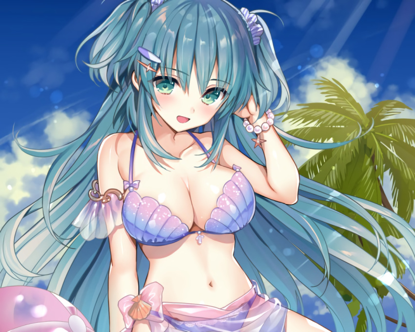 ball bikini breasts cleavage clouds cropped green_eyes green_hair long_hair navel original see_through sky swimsuit twintails waifu2x wristwear yuuki_rika