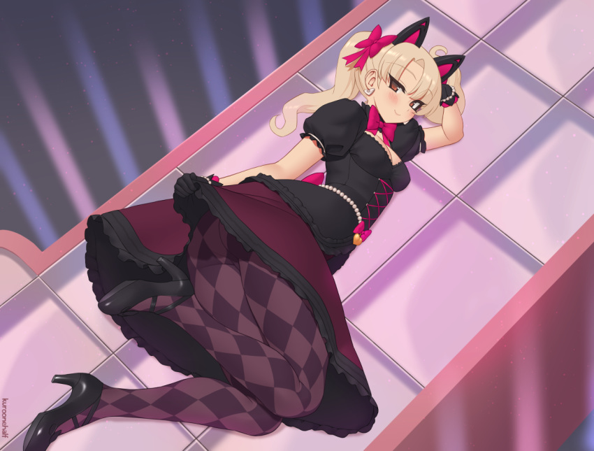 1girl alternate_costume animal_ears argyle argyle_legwear artist_name ass bangs belly_chain black_cat_d.va black_dress black_footwear black_gloves blonde_hair bow bracelet breasts brown_eyes brown_legwear cat_ears d.va_(overwatch) dress dress_lift earrings fake_animal_ears full_body gloves hair_bow heart high_heels jewelry kuroonehalf legs lifted_by_self long_hair looking_at_viewer lying medium_breasts naughty_face on_side overwatch pantyhose parted_bangs pearl_(gemstone) pearl_bracelet pink_bow puffy_short_sleeves puffy_sleeves shoes short_sleeves smile solo twintails