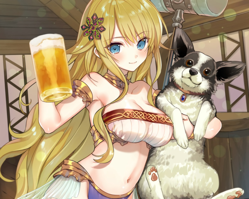 animal blonde_hair blue_eyes breasts choker cleavage cropped dog drink long_hair navel original pointed_ears waifu2x weapon wristwear yuuki_rika