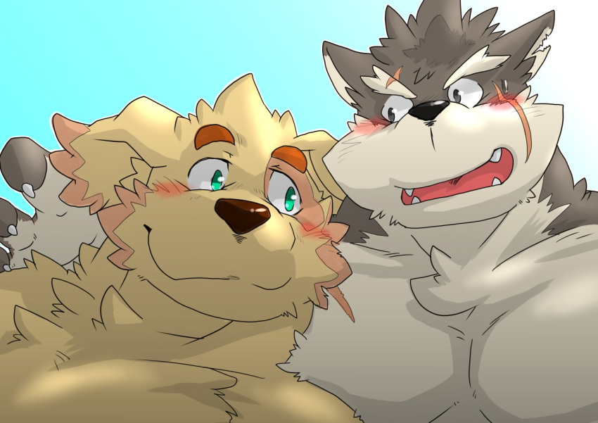 bird_dog blush canid canine canis claws cu_sith_(tas) domestic_dog fur golden_retriever hover_hand hunting_dog male male/male mammal moritaka pecs retriever scar slightly_chubby tokyo_afterschool_summoners video_games yellow_fur yukikazefactory