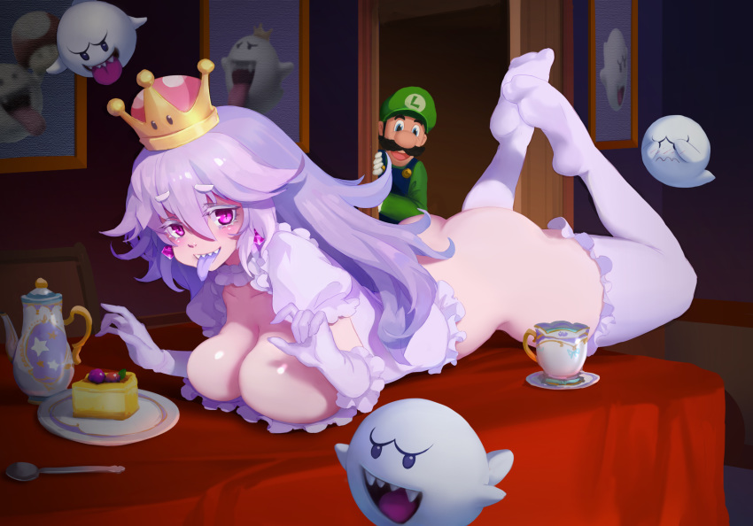 1boy 1girl :p ass boo bottomless breasts cake cleavage crown dress driverbunny37 earrings facial_hair feet_up food frilled_gloves frills ghost ghost_pose gloves highres jewelry large_breasts lavender_hair legs_up long_hair looking_at_viewer luigi luigi's_mansion lying mario_(series) mustache new_super_mario_bros._u_deluxe on_stomach on_table peeping pink_eyes princess_king_boo purple_tongue sharp_teeth short_eyebrows slit_pupils solo super_crown table tea_set teeth the_pose thighhighs tongue tongue_out white_dress