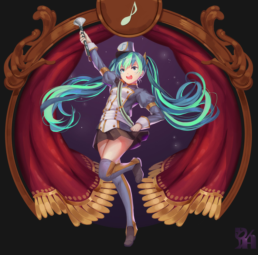 1girl :d arm_up armlet black_background black_skirt blue_eyes blue_hair curtains doremifa_rondo_(vocaloid) grey_jacket grey_legwear hair_between_eyes hat hatsune_miku highres jacket long_hair long_sleeves miniskirt open_mouth pleated_skirt skirt smile solo standing standing_on_one_leg thighhighs user_xefs3474 very_long_hair vocaloid