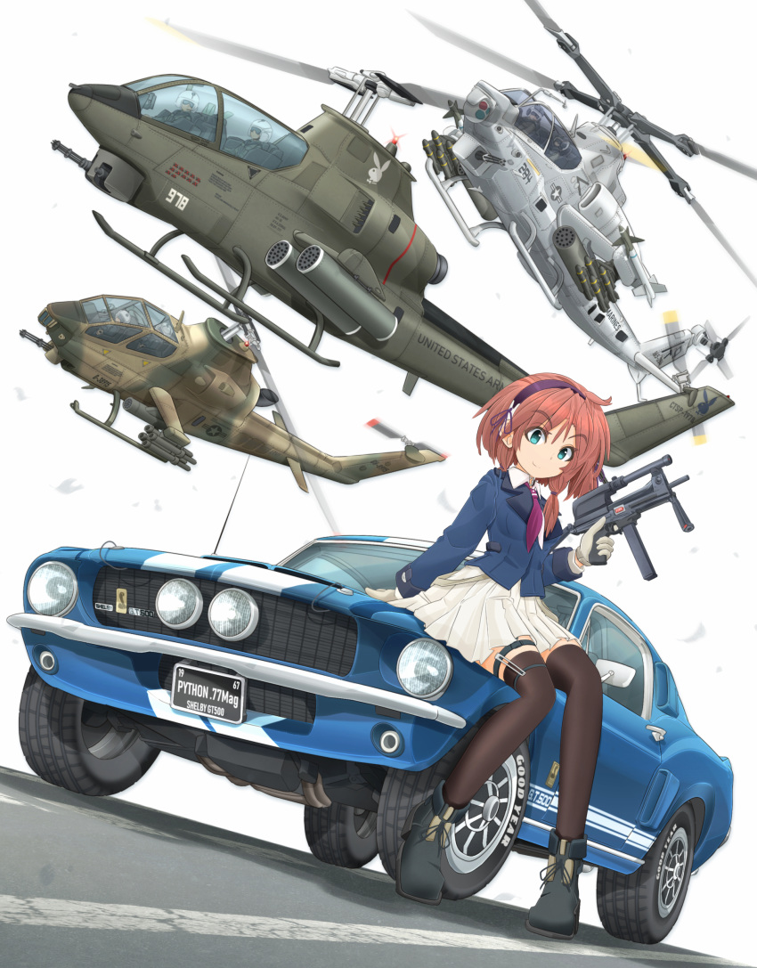 1girl absurdres ah-1_cobra ah-1e_ecas ah-1g_hueycobra ah-1z_viper arm_support bangs black_footwear black_legwear blue_jacket brown_hair car closed_mouth commentary_request dress_shirt english_text eyebrows_visible_through_hair goodyear green_eyes ground_vehicle gun hair_tie hairband highres holding holding_gun holding_weapon jacket logo long_sleeves looking_at_viewer mikeran_(mikelan) miniskirt missile motor_vehicle neckerchief original partial_commentary pilot playboy pleated_skirt purple_hairband purple_neckwear road roundel shadow shelby_cobra shirt shoes short_hair side_ponytail sitting skirt smile solo thigh_strap thighhighs u.s.m.c united_states_army weapon weapon_request white_background white_shirt white_skirt wing_collar