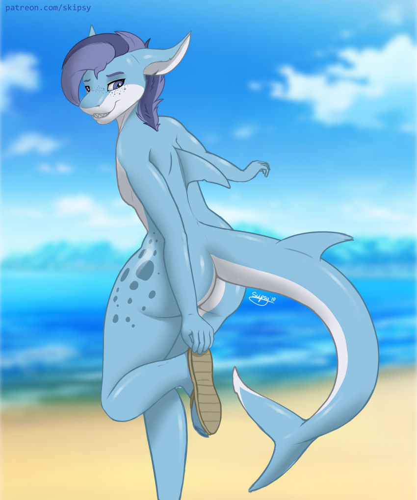 2019 5_fingers alternate_species anthro beach blue_eyes blue_hair blue_skin butt clothing day detailed_background digital_media_(artwork) fin fingers fish footwear freckles hair hi_res male marine mostly_nude multicolored_hair nude outside sandals seaside shark signature skipsy skipsy_dragon_(character) sky solo two_tone_hair