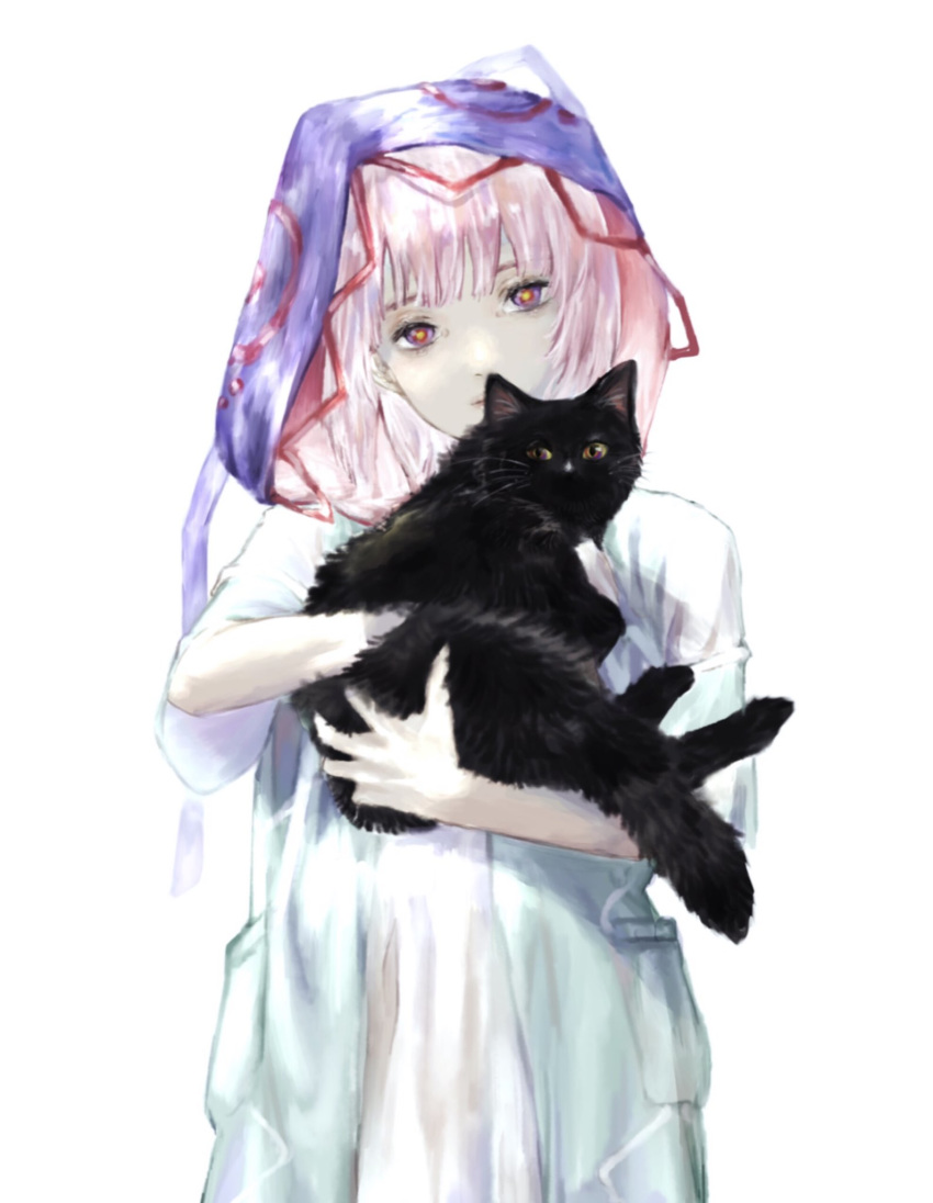 1girl black_cat blue_eyes braid cat commentary highres holding holding_cat hood hood_up hooded_jacket jacket kaf long_hair looking_at_viewer low_twin_braids multicolored multicolored_eyes red_eyes shirone_(coxo_ii) solo twin_braids upper_body virtual_kaf virtual_youtuber white_background yellow_eyes