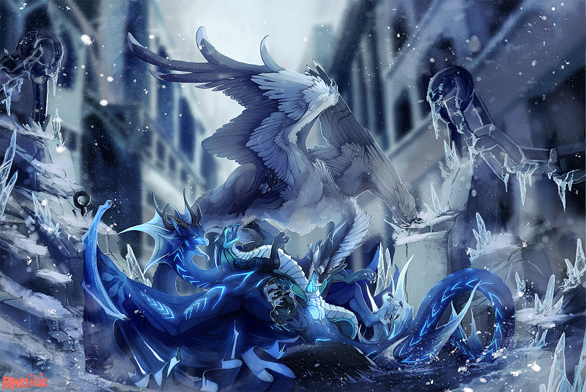 2019 anal blue_skin claws day detailed_background digital_media_(artwork) dragon drake_(disambiguation) feathered_dragon feathers female feral feral_on_feral frost group group_sex hi_res hidoragon horn ice kalemendrax lying male male/female male/male membrane_(anatomy) membranous_wings on_back open_mouth oral outside penis pussy quadruped ravoilie scalie sex sky spines teeth threesome tongue western_dragon wings wyvern