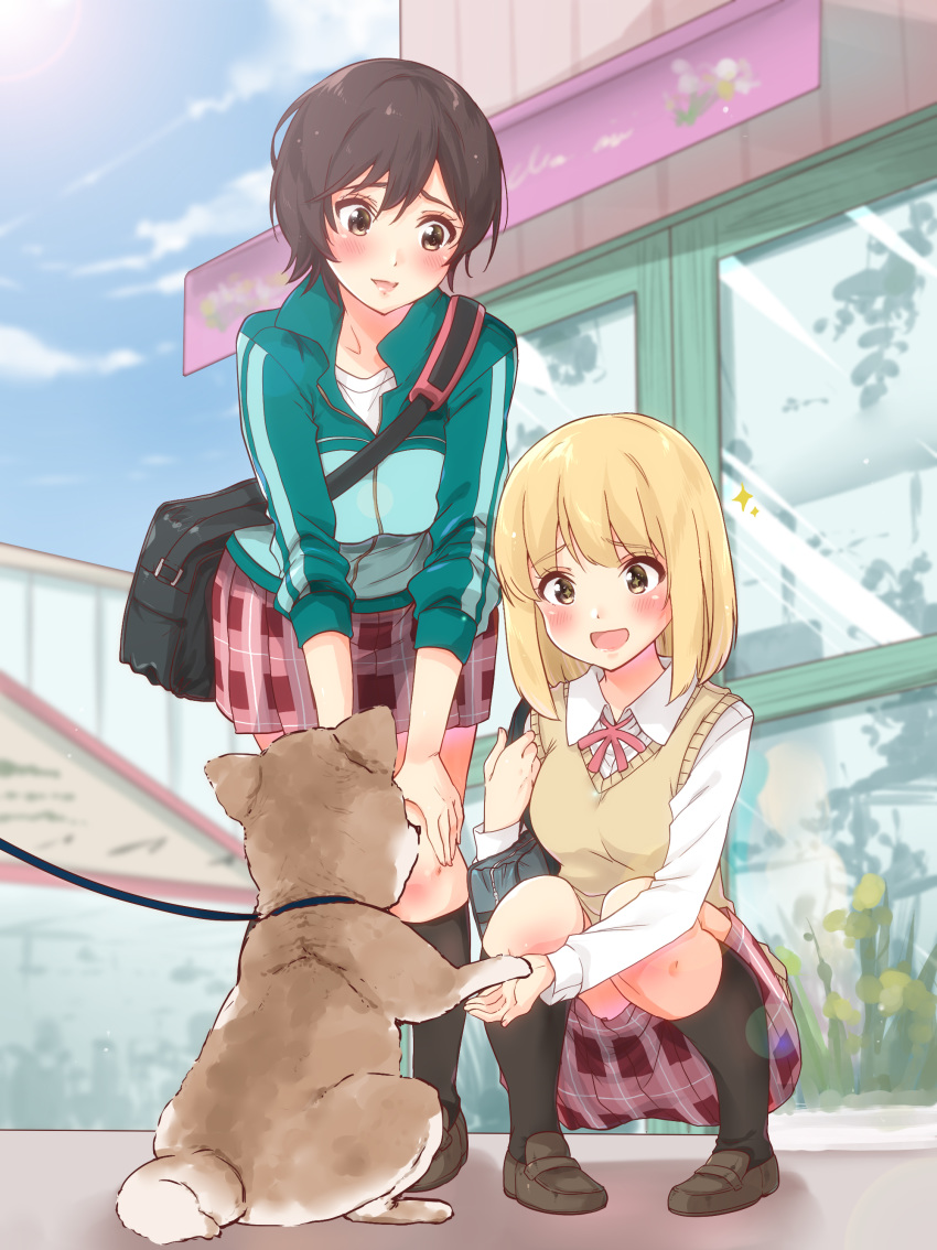 2girls absurdres asagao_to_kase-san bag blonde_hair blue_sky blush brown_hair cloud cloudy_sky collared_shirt couple dog glass hands happy highres jacket kase_tomoka looking_at_another multiple_girls neck_ribbon open_mouth paws playing red_ribbon ribbon sarfata school_uniform shirt short_hair skirt sky smile socks sunlight uniform window yamada_yui yellow_eyes yuri