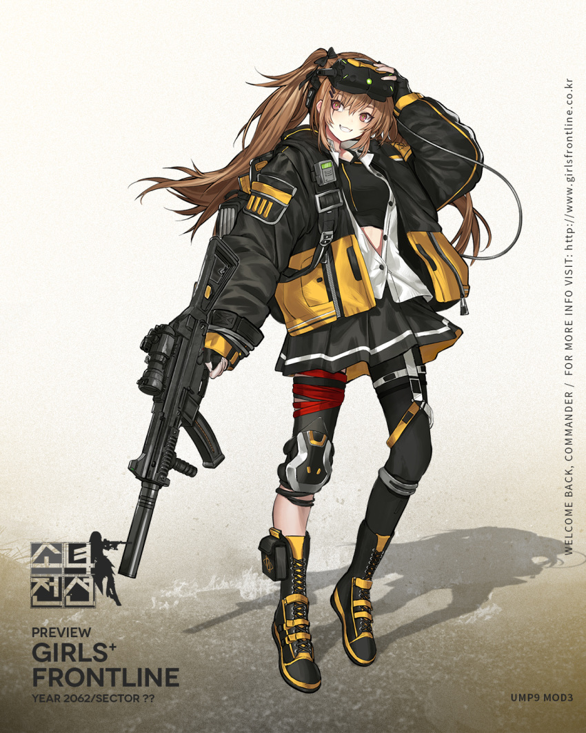 1girl ankle_strap baggy_clothes bangs black_bow black_bra black_gloves black_legwear black_nails black_skirt blush boots bow bra breasts brown_eyes brown_hair character_name cross-laced_footwear eyebrows_visible_through_hair fingerless_gloves floating_hair full_body girls_frontline gloves goggles goggles_on_head grin gun h&amp;k_ump h&amp;k_ump9 hair_between_eyes hair_bow hair_ornament hairclip heckler_&amp;_koch highres holding holding_gun holding_weapon infukun jacket lace-up_boots long_hair looking_at_viewer mod3_(girls_frontline) official_art partially_unbuttoned pouch ribbon scar scar_across_eye shirt sidelocks single_knee_pad single_leg_pantyhose skirt smile sports_bra standing submachine_gun suppressor thigh_strap trigger_discipline twintails ump9_(girls_frontline) underwear walkie-talkie weapon white_shirt