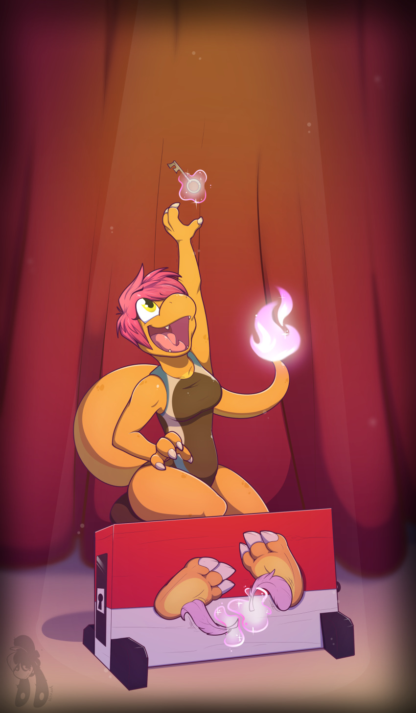 absurd_res bound charmander clothing feathers feet fire hi_res key laugh magic nintendo paws performance pok&eacute;mon pok&eacute;mon_(species) spotlight stocks swimwear tagme tickling video_games yiffy1234