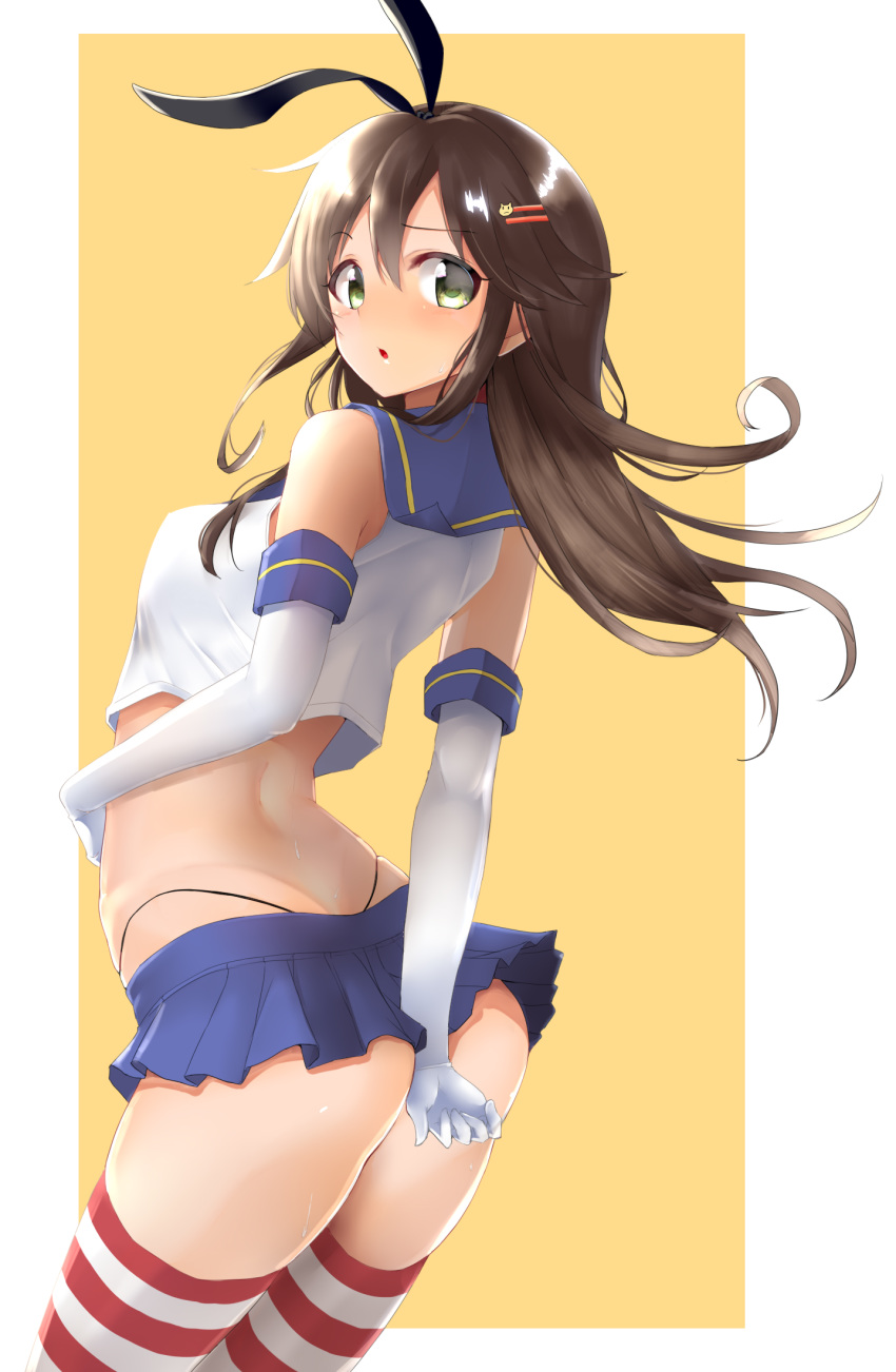 1girl arched_back arm_behind_back ass blue_skirt breasts brown_hair commentary_request cosplay cosplay_request eyebrows_visible_through_hair from_behind gloves green_eyes hair_between_eyes hair_ornament hairclip highres himekawa_yuki idolmaster idolmaster_cinderella_girls kantai_collection kon5283 long_hair looking_at_viewer medium_breasts midriff miniskirt open_mouth shimakaze_(kantai_collection) shimakaze_(kantai_collection)_(cosplay) shirt simple_background skirt solo striped striped_legwear white_background white_gloves white_shirt yellow_background