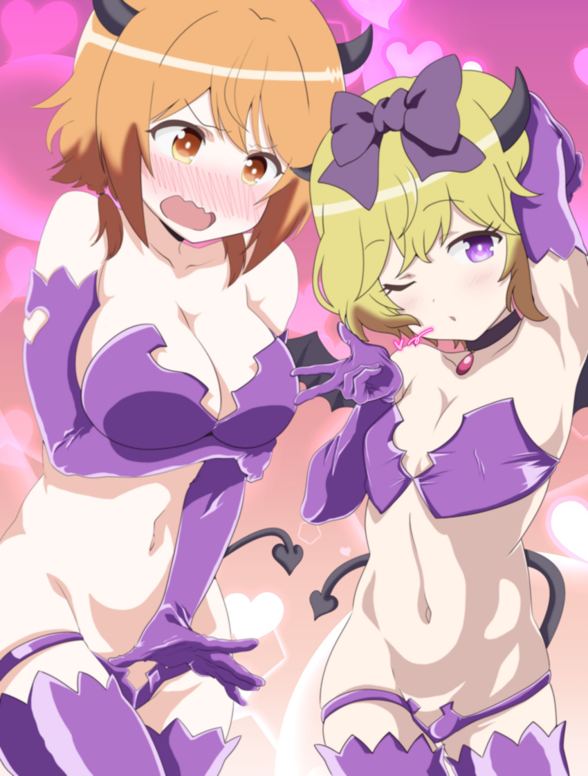 2girls absurdres arm_up armpits blonde_hair blush bow breasts brown_eyes brown_hair choker collarbone commentary_request cosplay cowboy_shot demon_horns demon_tail elbow_gloves embarrassed erie_(tonari_no_kyuuketsuki-san) erie_(tonari_no_kyuuketsuki-san)_(cosplay) eyebrows_visible_through_hair fang gloves hair_bow head_tilt heart heart_background highres horns large_breasts looking_at_viewer low_twintails multiple_girls natsuki_hinata navel nose_blush open_mouth purple_bow purple_eyes purple_gloves purple_legwear ramanda short_twintails small_breasts standing tail thigh_strap thighhighs tonari_no_kyuuketsuki-san twintails w