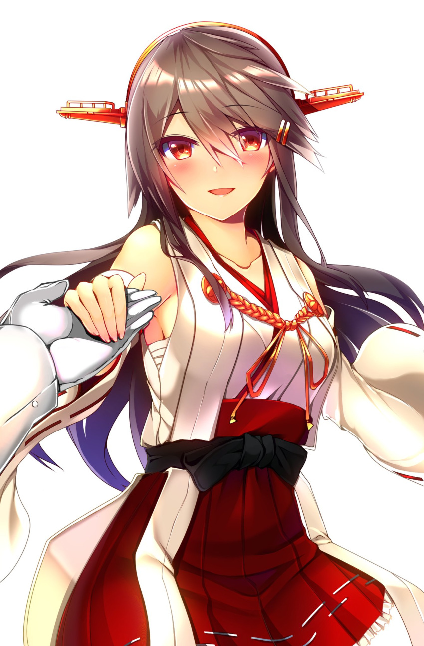 1boy 1girl bangs bare_shoulders black_hair blush breasts detached_sleeves eyebrows_visible_through_hair gloves hair_ornament hairband hairclip haruna_(kantai_collection) headgear highres japanese_clothes kantai_collection long_hair long_sleeves nontraditional_miko open_mouth out_of_frame red_skirt ribbon-trimmed_sleeves ribbon_trim simple_background skirt tsukui_kachou white_background white_gloves wide_sleeves