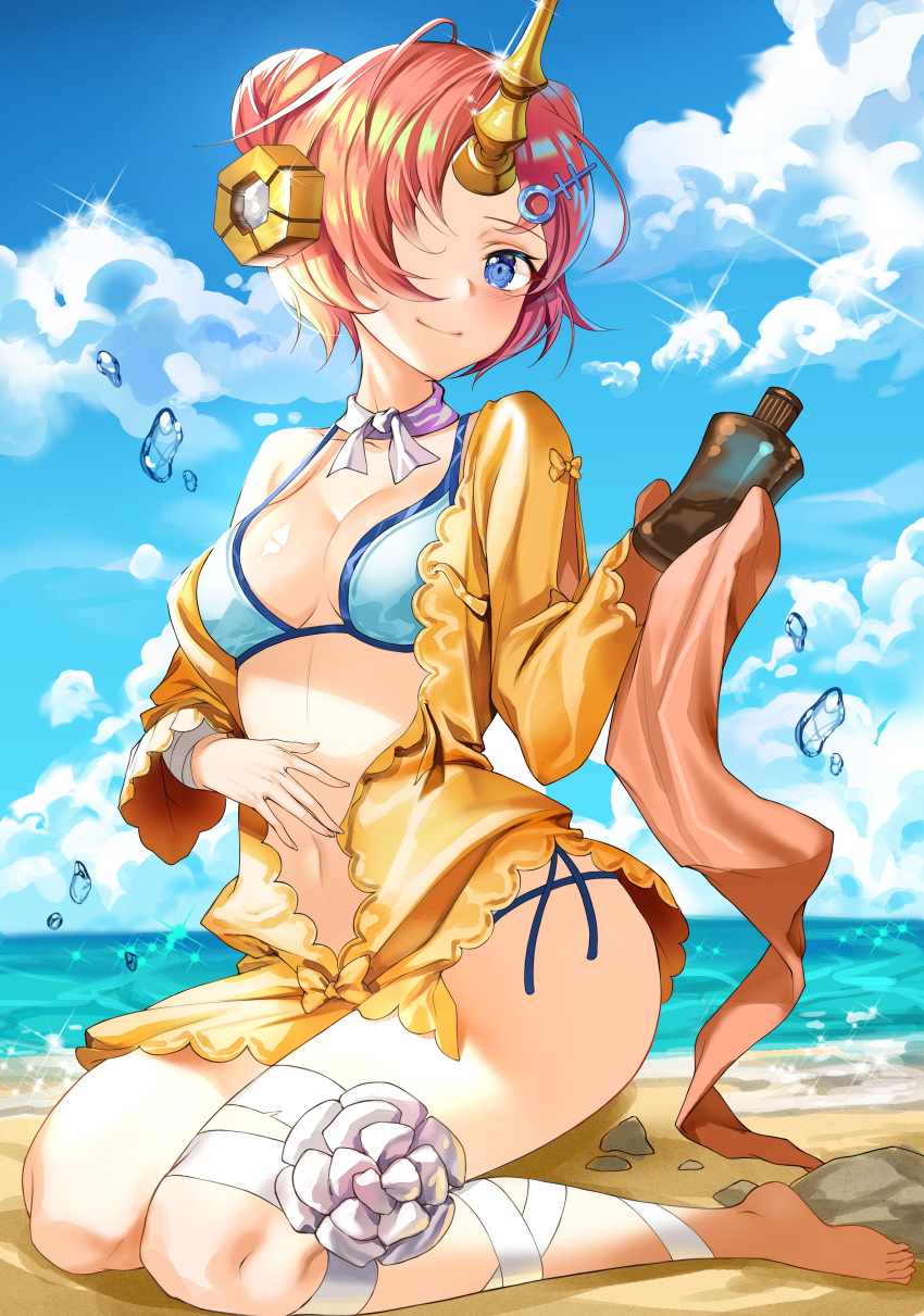1girl absurdres bandaged_arm bandages barefoot beach bikini blue_bikini blue_eyes blue_sky breasts cleavage closed_mouth cloud cloudy_sky collarbone commentary day double_bun fate/grand_order fate_(series) frankenstein's_monster_(fate) frankenstein's_monster_(swimsuit_saber)_(fate) hair_ornament hair_over_one_eye harusame_(user_wawj5773) head_tilt headgear highres holding horizon horn jacket looking_at_viewer lotion medium_breasts navel ocean on_ground outdoors pink_hair rock shiny shiny_hair short_hair side-tie_bikini sitting sky sleeves_past_wrists smile solo sparkle stomach sunscreen swimsuit water_drop yellow_jacket