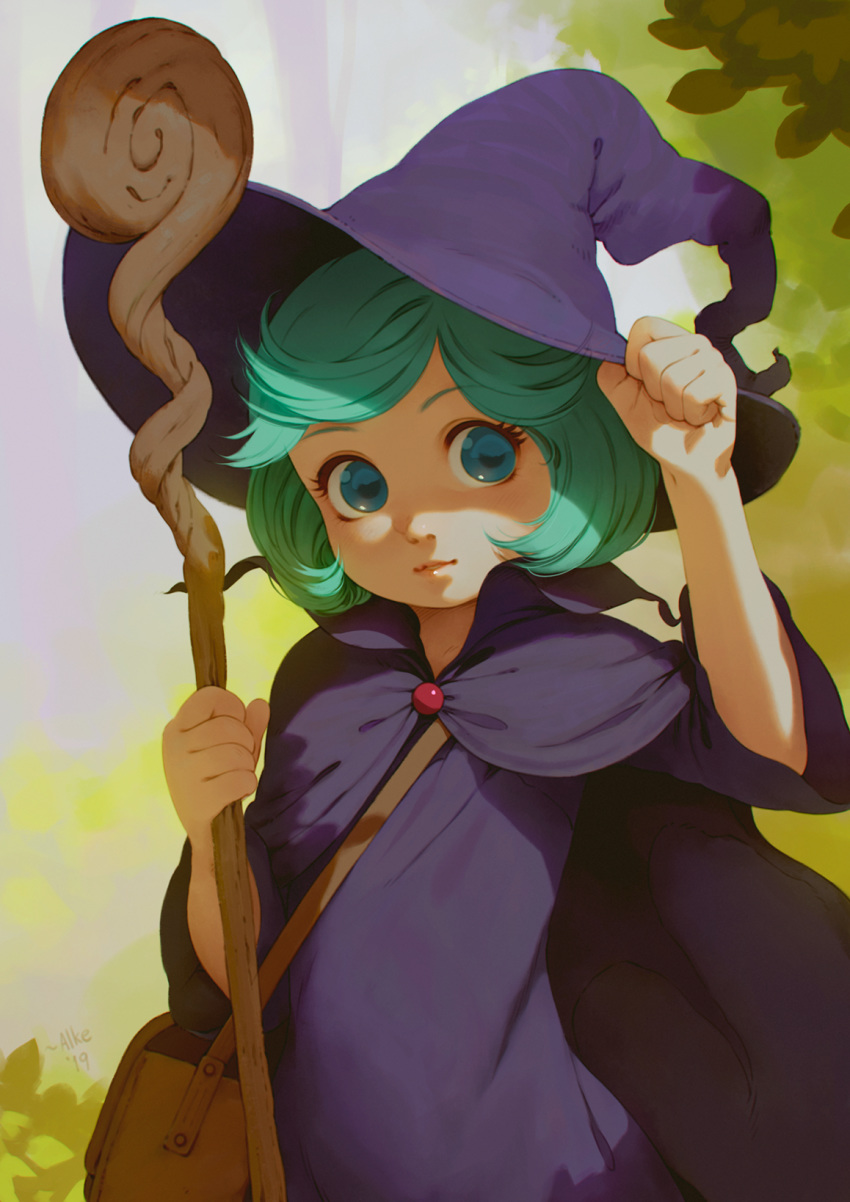 1girl adjusting_clothes adjusting_hat alkemanubis berserk blue_eyes commentary english_commentary green_hair hat highres schierke short_hair solo staff witch witch_hat