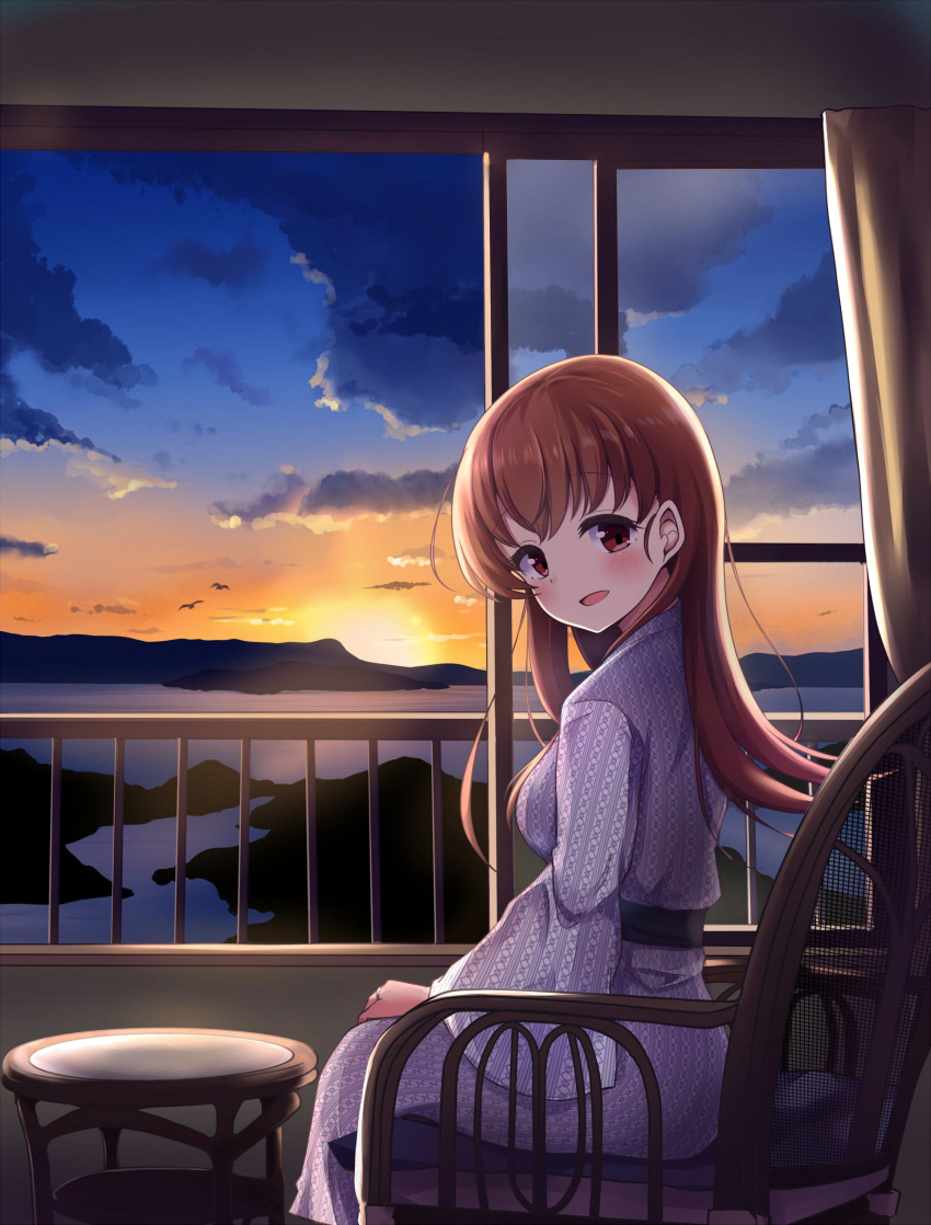 1girl absurdres bangs bird blush breasts brown_eyes brown_hair chair cloud coffee_table curtains eyebrows_visible_through_hair from_behind head_tilt highres indoors kantai_collection long_hair long_sleeves mountainous_horizon ooi_(kantai_collection) open_mouth sash sitting sky solo soramuko sunset water wide_sleeves window