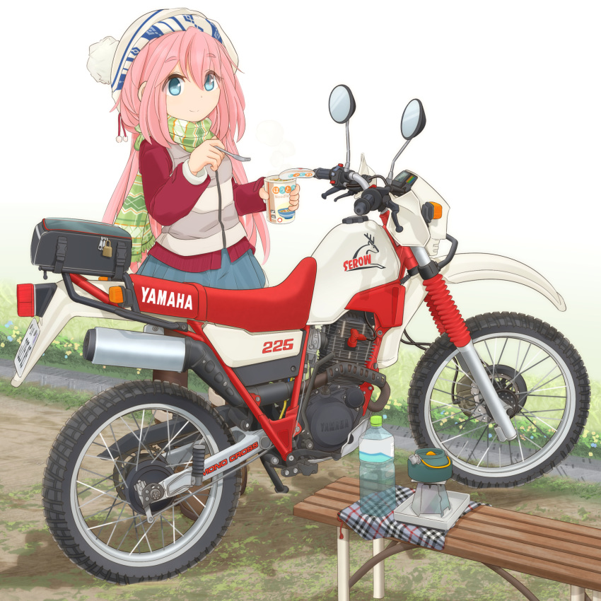 1girl bench blue_eyes blue_skirt bobblehat bottle closed_mouth commentary_request day eating eyebrows_visible_through_hair food fork green_scarf ground_vehicle highres holding holding_food holding_fork kagamihara_nadeshiko logo long_hair long_sleeves looking_at_viewer mikeran_(mikelan) miniskirt motor_vehicle motorcycle outdoors partial_commentary pink_hair pleated_skirt red_shirt scarf shirt skirt smile solo standing striped striped_scarf vest water_bottle white_background white_headwear white_vest winter_clothes yamaha yurucamp